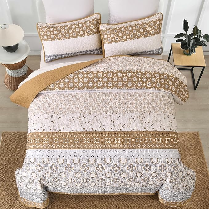 WONGS BEDDING Boho Quilt Set Queen, Brown Bohemian Striped Patchwork Bedspread Coverlet Set with 2 Pillowcases,Lightweight Microfiber Floral Bedding Set 96"×90"