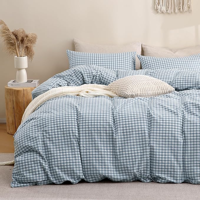 TOCOMOA Blue Gingham Duvet Cover Bedding Set 100% Washed Cotton Like Linen Feel Super Soft Comfortable 3 Piece Plaid Checkered Comforter Cover Set (California King 104"x98", Comforter Not Included)
