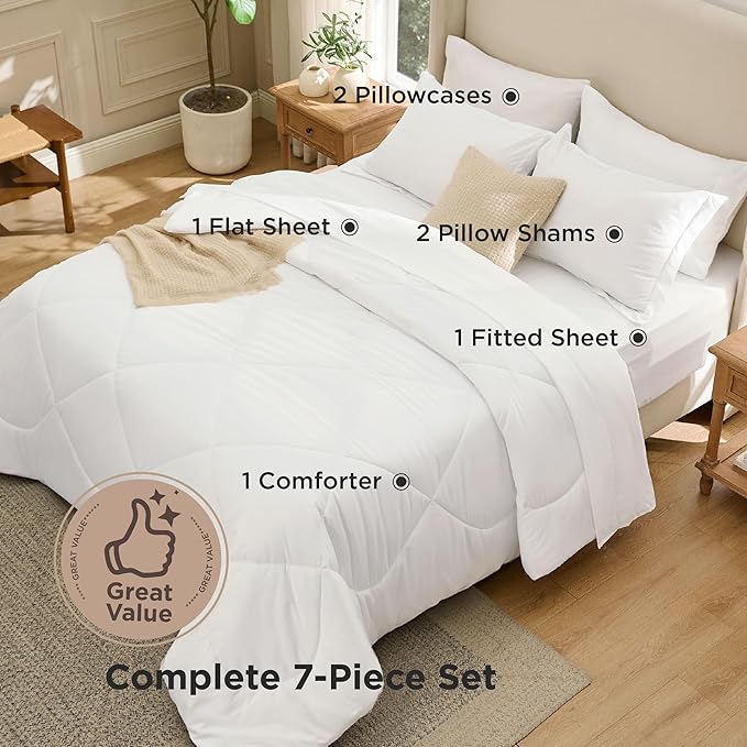 Bedsure 7 Pieces Full Comforter Set Premium Series, Hotel Luxury Soft Bed in a Bag, Goose Down Alternative, Safe for Sensitive Skin Bedding Comforter All Season Medium Warmth, White Wavy Quilted