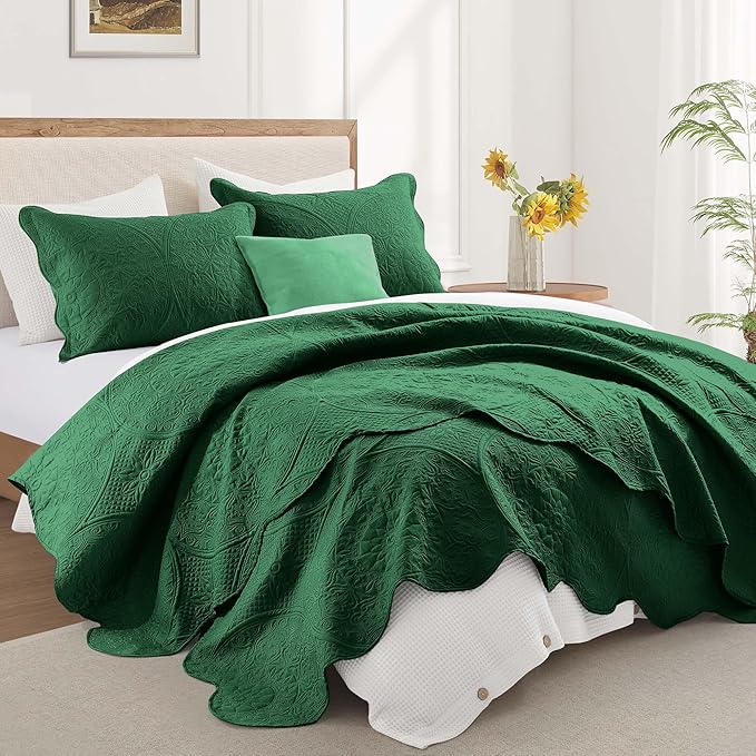 IR Imperial Rooms King Quilt Bedding Set Size (106" x 96") + 2 Pillow Shams (20" x 36"+ 2") - 3 Pcs All Season Lightweight Reversible Microfiber Coverlet Floral Embossed Quilt Bedspread (Emerald)