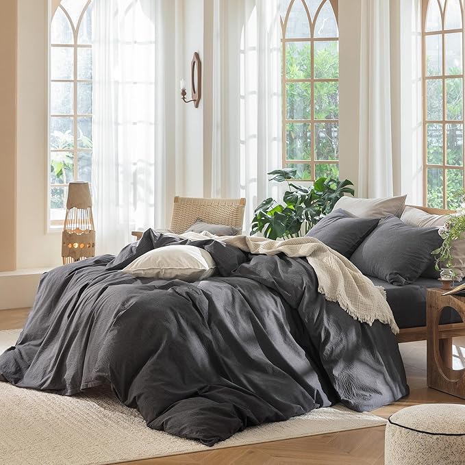 MooMee Bedding Duvet Cover Set 100% Washed Cotton Linen Like Textured Breathable Durable Soft Comfy (Heathered Dark Grey, Super King Plus 120"x120")