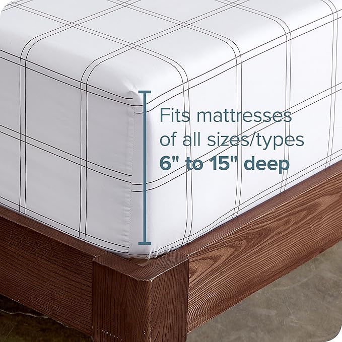 Bare Home Fitted Bottom Sheet Twin XL Size - Premium 1800 Microfiber - Ultra-Soft Hotel Luxury - Deep Pocket - Durable and Long Lasting (Twin XL, Modern Plaid - White/Grey)