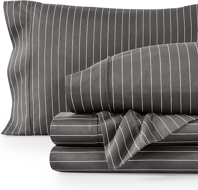 Bare Home Split King Sheet Set - 1800 Ultra-Soft Microfiber Double Brushed - Deep Pockets - Easy Fit - 5 Piece Set - Bed Sheets (Split King, Pinstripe - Grey/White)