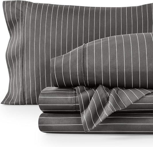 Bare Home King Sheet Set - Luxury 1800 Ultra-Soft Microfiber Double Brushed - Deep Pockets - Easy Fit - 4 Piece Set - Bedding Sheets & Pillowcases (King, Pinstripe - Grey/White)