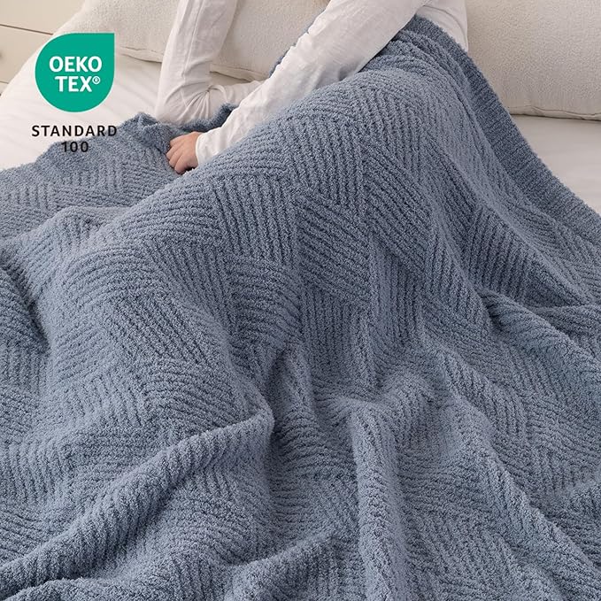 Battilo Bluish Grey Diamond Knit Throw Blanket for Couch and Bed, Soft Textured Chenille Blanket, Cozy Lightweight Decorative Blanket for Sofa, 50"x60"