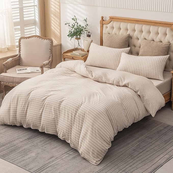 PURE ERA Jersey Knit Duvet Cover Set 100% T-Shirt Heather Cotton Super Soft Comfy Classic Striped Design, with Zipper Closure, Heather Beige Stripe, Queen