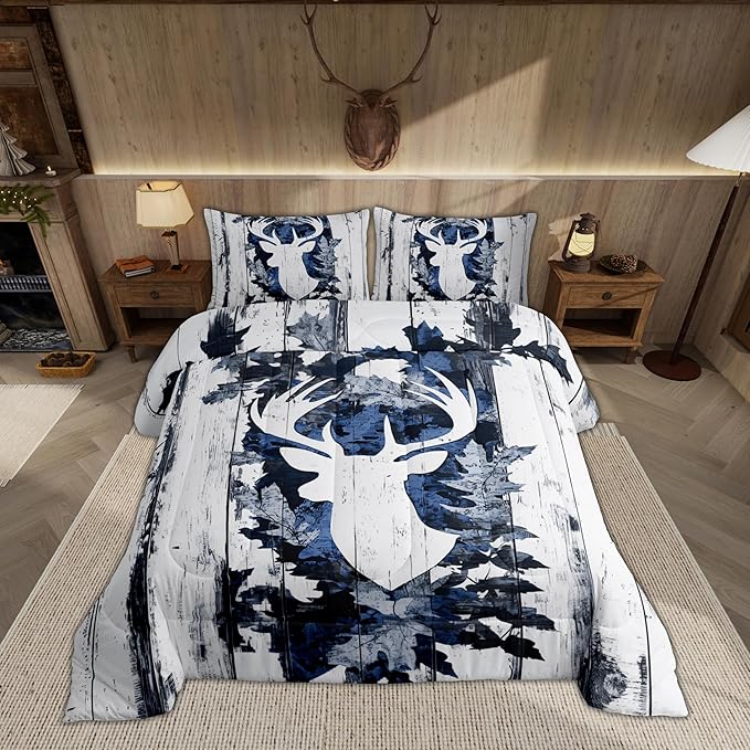 Feelyou Camo Deer Bedding Set Full Size, Deer Hunting Comforter for Kids Boys Girls Deer Antlers Army Camouflage Comforter Set Western Duvet Insert Microfiber Bed Set