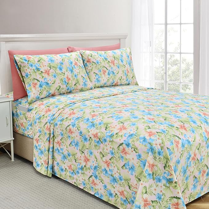 Elegant Comfort Softest and Coziest 6-Piece Sheet Set - 1500 Premium Hotel Quality Microfiber - Deep Pocket, Wrinkle Resistant 6-Piece Floral Magnolia Pattern Bed Sheet Set, King, Magnolia