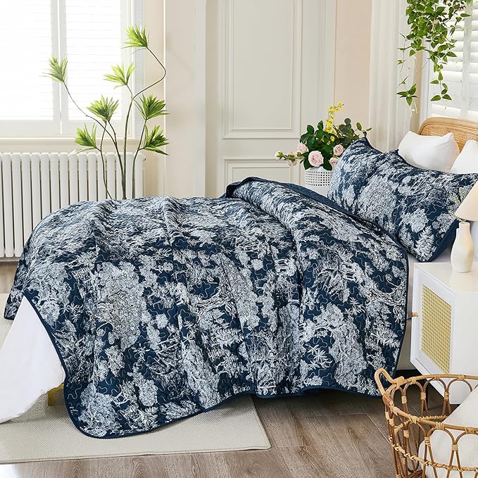 WONGS BEDDING Quilt Set King Size, 3 Pieces Navy Blue Botanical Floral Printed Bedspread Coverlet Set Soft Lightweight Toile Plants Bedding Set for All Season (104"x90")