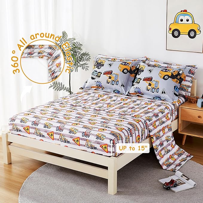 Mooreeke Kids Full Comforter Sets for Boys 8 Pieces Heavy Duty Vehicle Bedding Set for Teens Microfiber Engineering Truck Kids Bed in A Bag with Comforter, Sheet Set, Shams and Decorative Toy Pillow