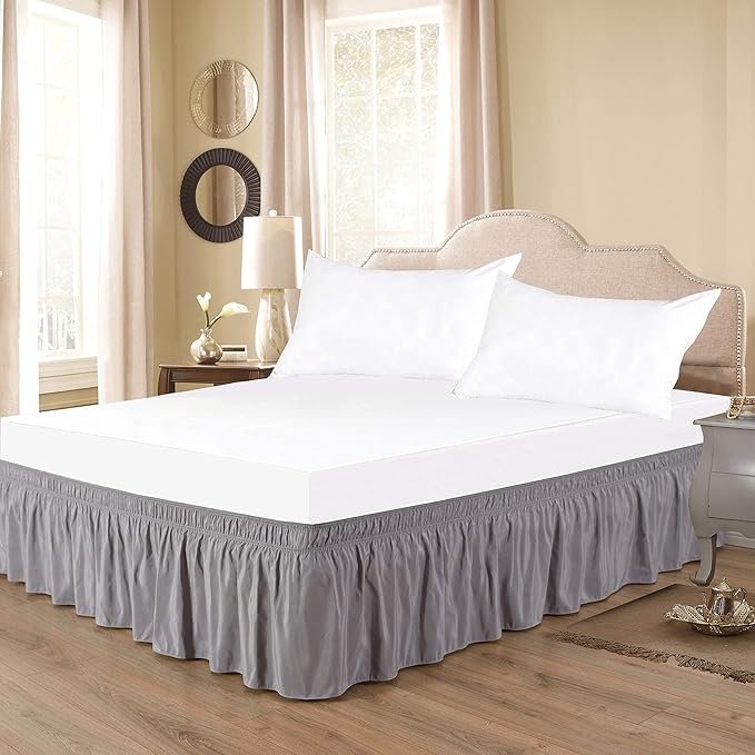 Wrap Around Bed Skirts Elastic Dust Ruffles, Easy Fit Wrinkle and Fade Resistant Silky Microfiber Fabric Solid Color Bedskirt, 12 Inch Tailored Drop Silver for Olympic Queen Size Bed Skirt