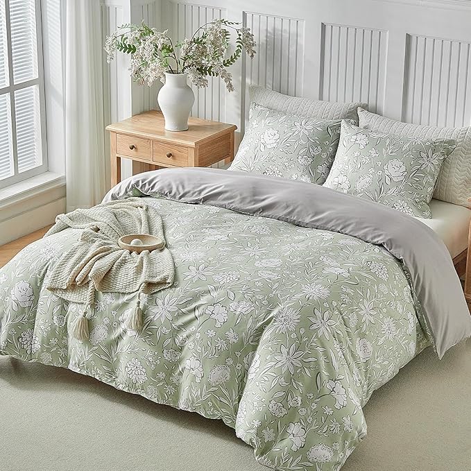 Lekesky King Size Duvet Cover Set, Reversible Duvet Cover King with White Floral Pattern, Lightweight Soft Microfiber Comforter Cover, 3 Pieces Green Bedding Set with Zipper and 2 Pillowcases