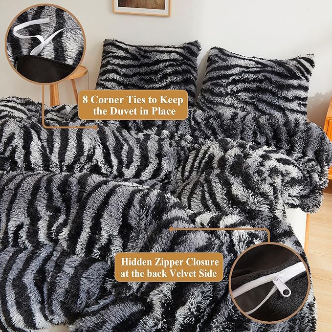 XeGe Zebra Print Fluffy Faux Fur Duvet Cover Set, 3 Pieces Soft Plush Shaggy Fuzzy Bedding Set(1 Farmhouse Striped Comforter Cover + 2 Furry Pillowcases), Zipper Closure(Queen, Black and Grey)