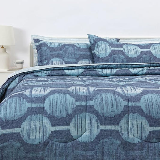 Amazon Basics Lightweight Microfiber Comforter Sets, 7 Pieces, Navy, Geometrics, King