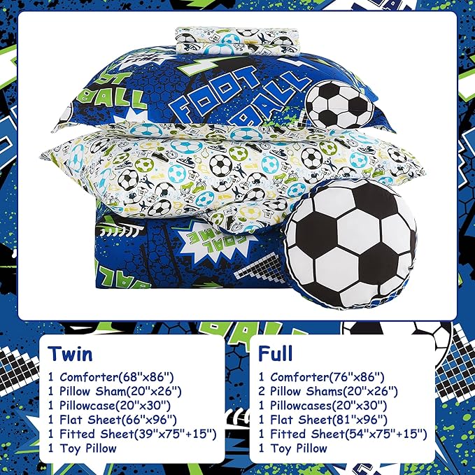 Mooreeke Kids Full Comforter Sets for Boys 8 Pieces Cool Football Bedding Set for Teens Microfiber Blue Green Soccer Kids Bed in A Bag with Comforter, Sheet Set, Shams and Decorative Toy Pillow