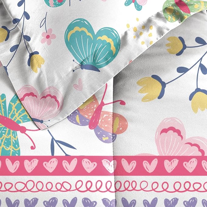 Dream Factory Kids 7-Piece Complete Bed Set Easy-Wash Super Soft Microfiber Comforter Bedding, Full, Pink Butterfly Garden