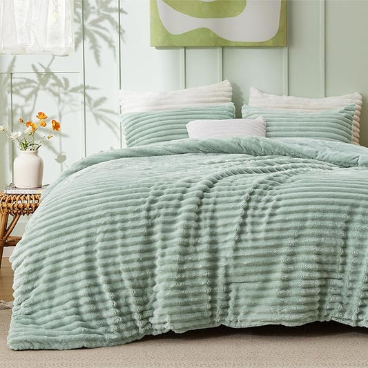 Bedsure California King Comforter - GentleSoft™ 3 Pieces Double-Side Fleece Comforter Set, Cozy Striped Room Decor Aesthetic, Luxury Sage Green Cal King Bedding with 2 Pillowcases, 104x96 Inches