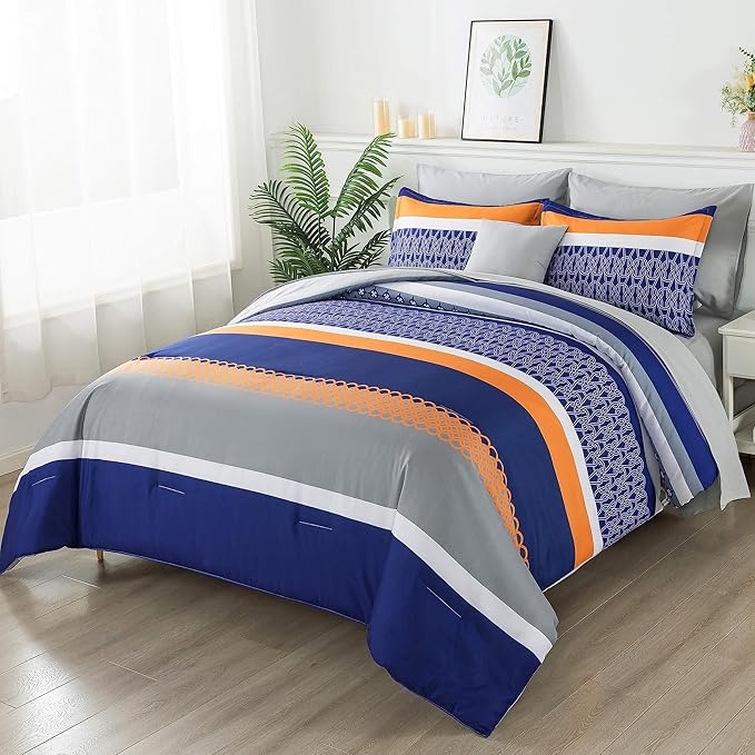 8 Pieces Bed in a Bag Stripe Comforter Set King Size,Blue Patchwork Striped Comforter with Sheets Set Soft Microfiber Boho Bedding Sets (Blue,Grey)
