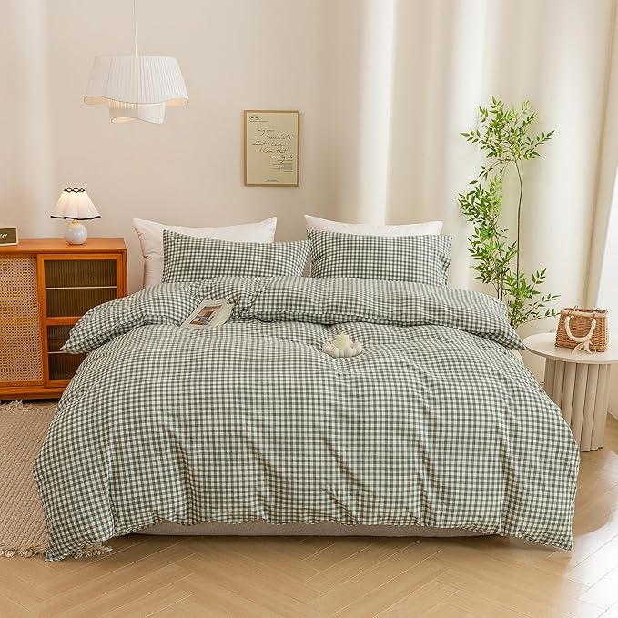 ECOCOTT Green Gingham Duvet Cover King Size 100% Washed Cotton Like Linen Feel Super Soft & Comfy Bedding Set Modern Checkered Design for All Seasons