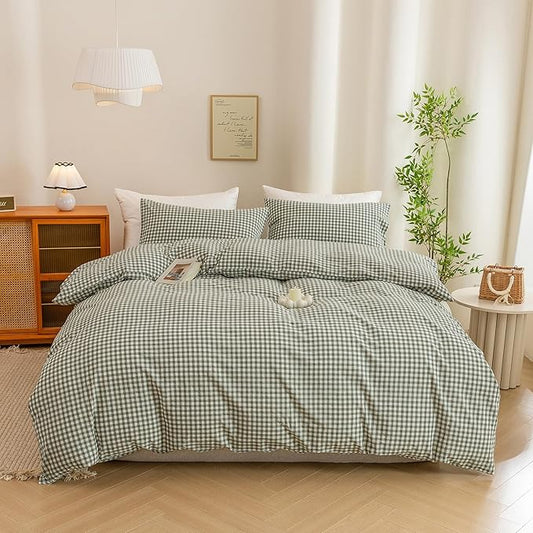 ECOCOTT Green Gingham Duvet Cover Queen Size 100% Washed Cotton Like Linen Feel Super Soft & Comfy Bedding Set Modern Checkered Design for All Seasons