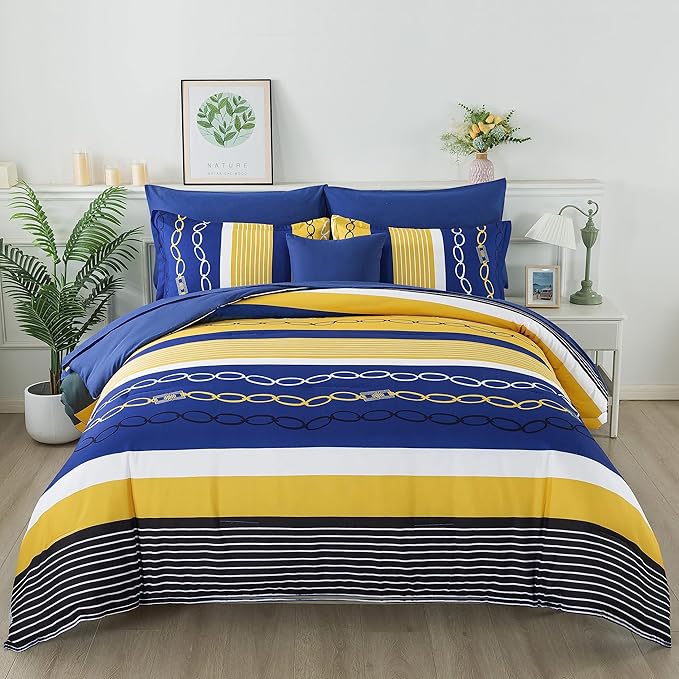 8 Pieces Bed in a Bag Stripe Comforter Set Queen Size,Patchwork Striped Comforter with Sheets Set Soft Microfiber Boho Bedding Sets (Blue Yellow)