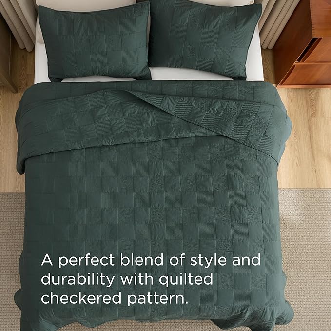 Bedsure 100% Cotton Quilt Set - Lightweight Queen Bedspread, Cozy Emerald Green Bedding Coverlet 3-Piece with Pillow Shams in Checker Pattern for All Season, 90x96 inches, 100% Cotton Voile
