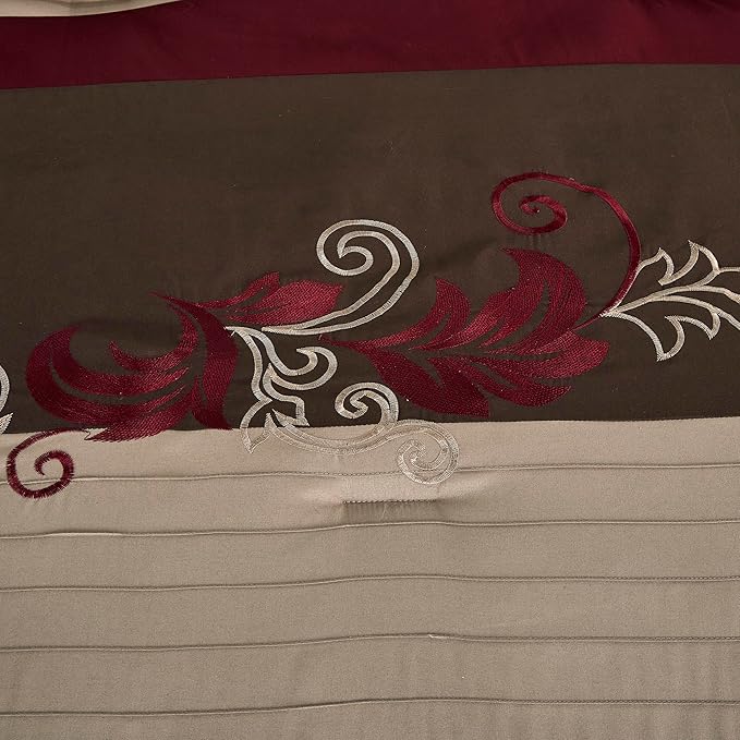 Chezmoi Collection Napa 7-Piece Luxury Leaves Scroll Embroidery Bedding Comforter Set (King, Burgundy/Taupe/Brown)