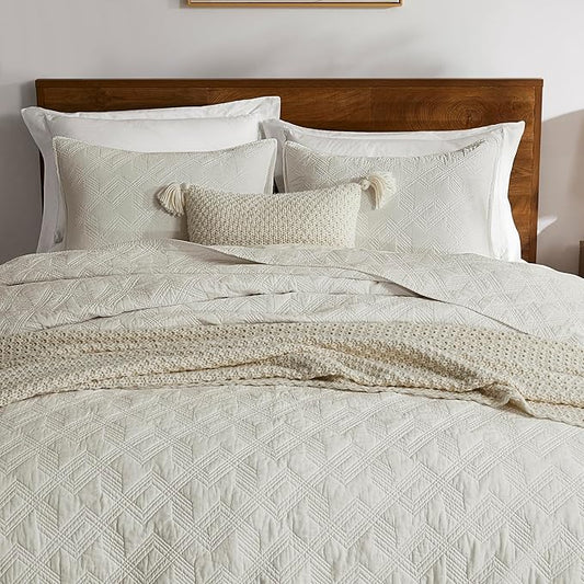 WDCOZY 100% Cotton Queen Size Quilt Set - Beige Pre-Washed Soft Lightweight Modern Bedspread, Farmhouse Country Rustic Coverlet, Textured Like Linen, Shabby Chic Gauze Bedding, 3 Pieces