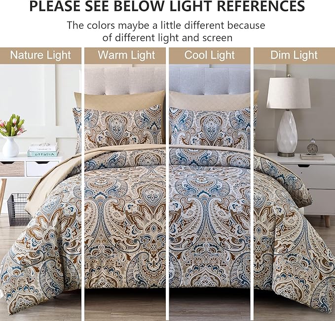 Drucon Brown Comforter Set King, 7 Pieces Bed in a Bag Comforter Boho Paisley Pattern Bedding Soft Microfiber King Size (1 Comforter, 1 Flat Sheet, 1 Fitted Sheet, 2 Pillow Shams, 2 Pillowcases)