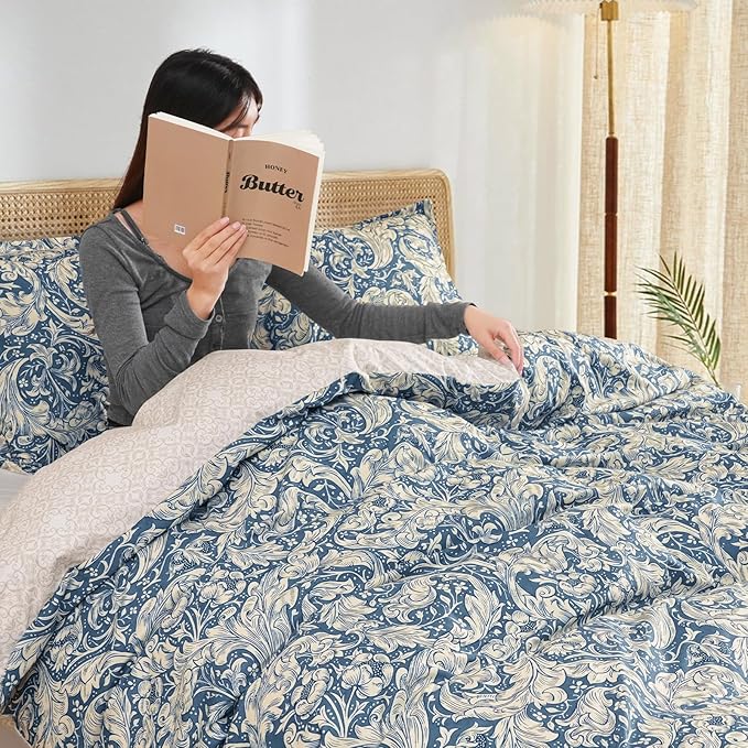 PHF Ultra Soft Floral Duvet Cover King Size, Revisible Boho Printed Vintage Bedding Set 3 Pieces, Comfy Durable Morris Garden Duvet Cover Set with 2 Pillow Shams, Zipper Closure and 8 Ties, 104"x90"