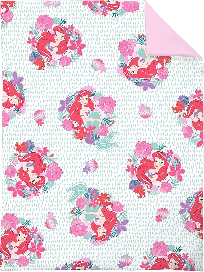 Disney Ariel Sea Garden 4 Piece Toddler Bed Set - Comforter, Fitted Sheet, Flat Top Sheet, Reversible Standard Size Pillowcase, Pink and Aqua