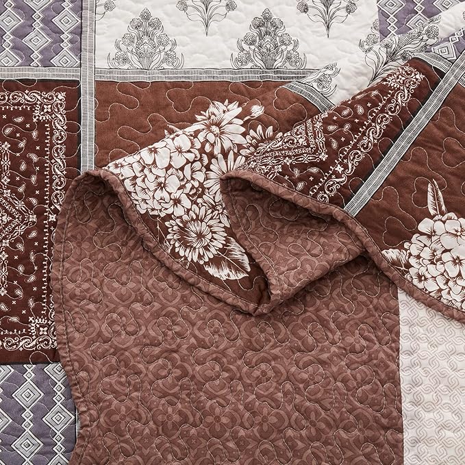 King Size Quilt Set 3 Pieces Lightweight Reversible Bedspread-98''x106'' Soft Patchwork Border Floral Coverlet Luxurious Warm Microfiber Bed Cover All Season Brown Bedding Set(1 Quilt,2 Pillow Shams)