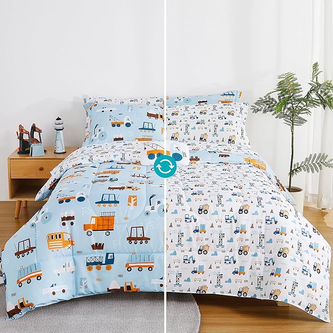 Mooreeke Kids Full Comforter Sets for Boys 8 Pieces Light Blue Bedding Set for Teens Microfiber Car Truck Kids Bed in A Bag with Comforter, Sheet Set, Shams and Decorative Toy Pillow All Season