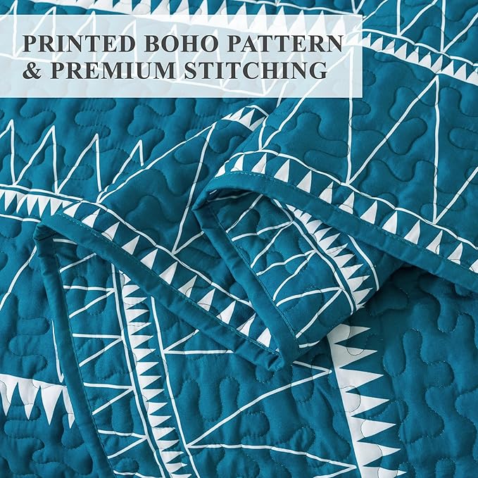 Andency Teal California King Quilt Set, 3 Pieces Boho Lightweight Soft Striped Cal King Bedspread for All Season (112"x104"), Printed Bohemian Microfiber Reversible Coverlet Comforter Sets