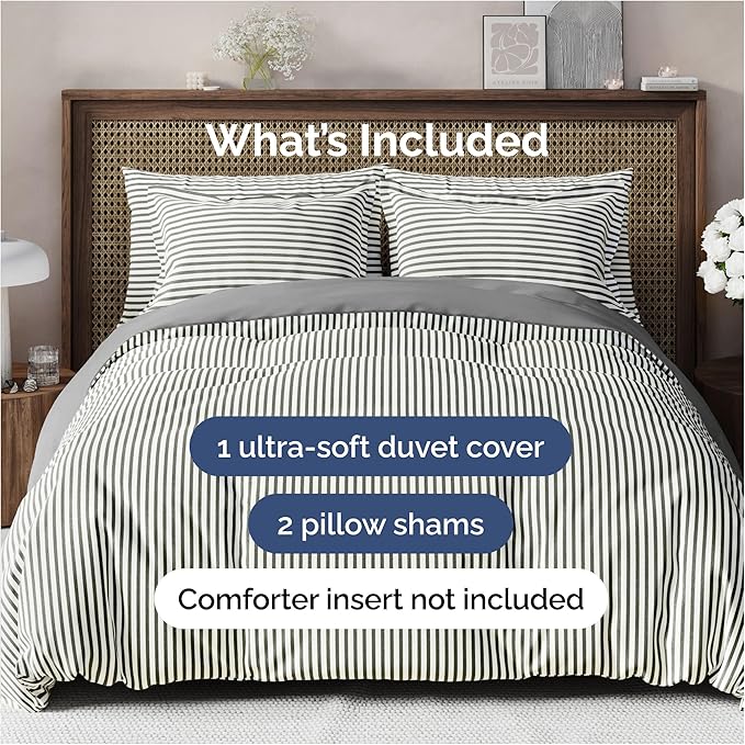 Duvet Cover Queen Size - Extra Soft Queen Size Duvet Cover - Lightweight, Breathable, Easy Care & Fade Free w/ Zipper Closures & Ties - 90" x 90" Inches - (Grey Stripes 2) Comforter Not Included