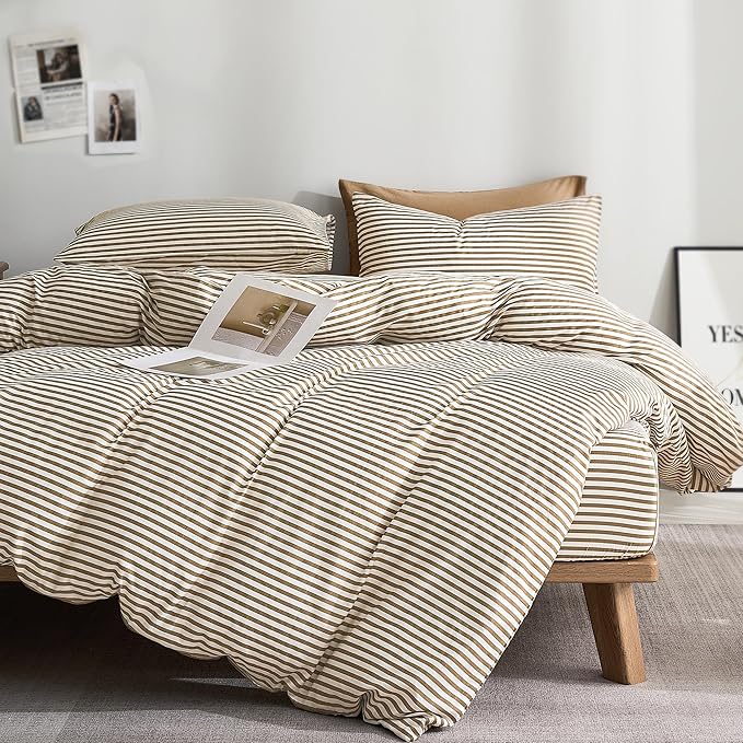 JELLYMONI 100% Natural Cotton 3pcs Striped Duvet Cover Sets,White with Khaki Stripes Pattern Printed Comforter Cover,with Zipper Closure & Corner Ties(King Size)