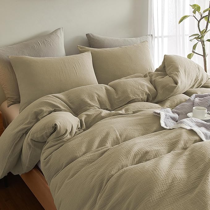 SE SOFTEXLY Muslin Duvet Cover California King Size, 100% Washed Cotton Duvet Cover Set, Soft Comforter Cover Linen Like, 3 Pieces Minimalist Gauze Duvet Cover with 2 Pillowcases, 98"x104", Oatmeal