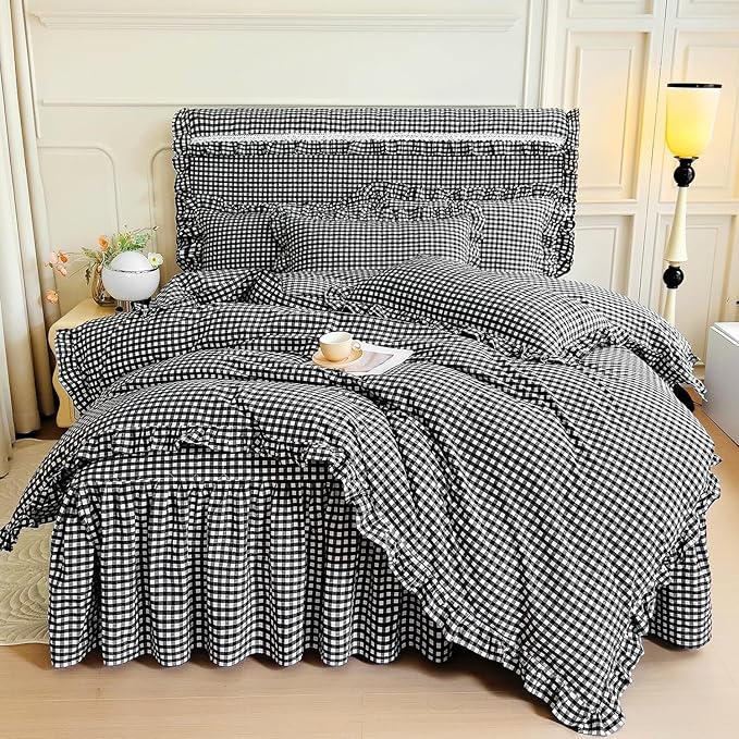 LifeTB Black Gingham Comforter Set Full Size Ruffle Plaid Checkered Pattern Comforter Farmhouse Plaid Gingham Bedding Comforter Set with 2 Pillowcases Luxury Soft Fluffy Grid Bedding Set Full Size