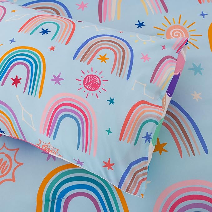 Btargot Lightweight Soft 3 Piece Rainbow Comforter Set with 2 Pillow Covers, Cartoon Love Hearts Suns and Stars Bedding Set for Girls Boys Kids, Full Light Blue