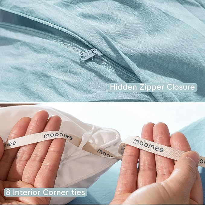 MooMee Bedding Duvet Cover Set 100% Washed Cotton Linen Like Textured Breathable Durable Soft Comfy (Heathered Light Blue, King 104"x90")