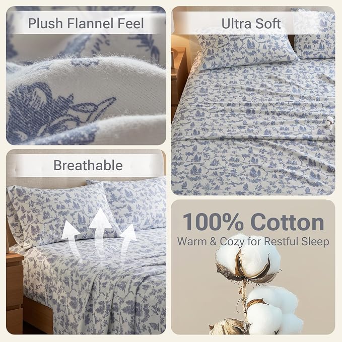 True North by Sleep Philosophy Cotton Sheet Set Cozy Print 100% Cotton Flannel Sheets Bedding Set, Oversized Sheets, Deep Pocket Fits Up to 14" Mattress King Bed Sheets King Toile Pine Trees 4 Piece