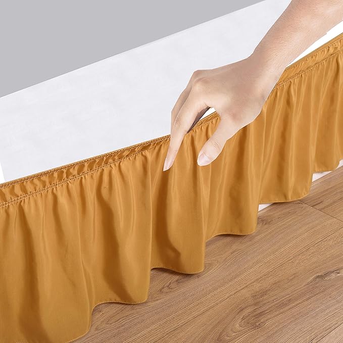 Wrap Around Bed Skirts Elastic Dust Ruffles, Easy Fit Wrinkle and Fade Resistant Silky Microfiber Fabric Solid Color Bedskirt, 12 Inch Tailored Drop Gold for Full XXL Size Bed Skirt