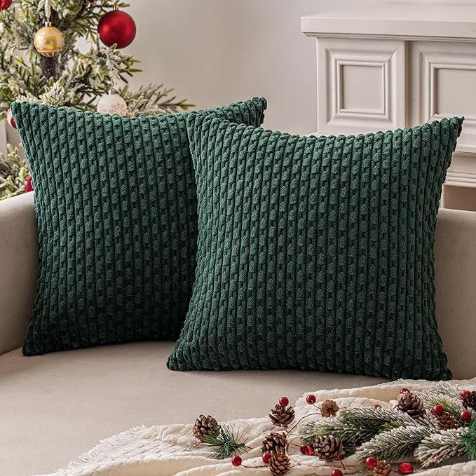 MIULEE Army Green Throw Pillow Covers Soft Corduroy Decorative Set of 2 Boho Striped Pillow Covers Pillowcases Farmhouse Home Decor for Couch Bed Sofa Living Room 20x20 Inch