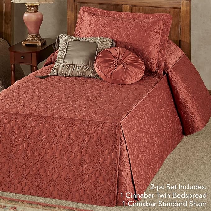 Cambridge Classic Luxury Bedding | Warm Cinnabar Solid Color Polyester Satin | Elaborate Damask Quilting | 2 Piece Bed Set Includes Twin Bedspread and Standard Pillow Sham | Also Fits Twin XL Beds