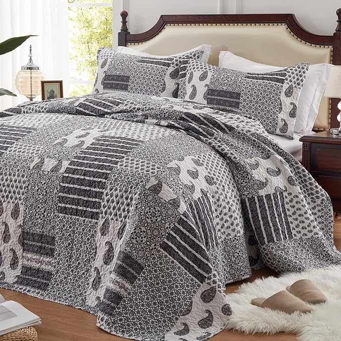 LEAONME Quilt Set Full/Queen Size 3 Piece Bedspread Coverlet Lightweight Comforter Microfiber Bedding Set for All Season Oversized 90x98 Inch Bed Cover Floral Paisley Gray(1 Quilt,2 Pillow Shams)