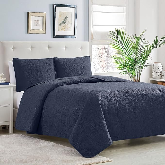 Mellanni King Bedspread Coverlet Set - Bedding Cover with Shams - Ultrasonic Quilting Technology - 3 Piece Oversized Quilt Set - Bedspreads & Coverlets (King, Navy)