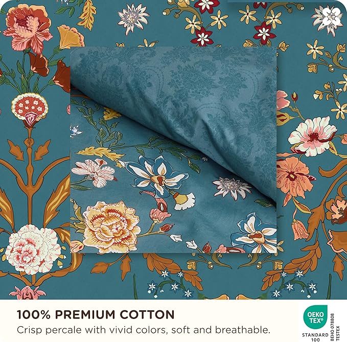 Bedsure 100% Cotton Reversible Floral Duvet Cover King Size - Botanical Shabby Chic Printed Comforter Cover with Zipper Closure & 2 Pillow Shams, No Comforter (Vintage Teal Floral 104"x90")