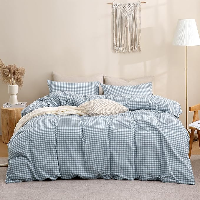 TOCOMOA Blue Gingham Duvet Cover Bedding Set 100% Washed Cotton Like Linen Feel Super Soft Comfy 3 Piece Vintage Plaid Checkered Comforter Cover Set (Oversized Queen 98"x98", Comforter Not Included)