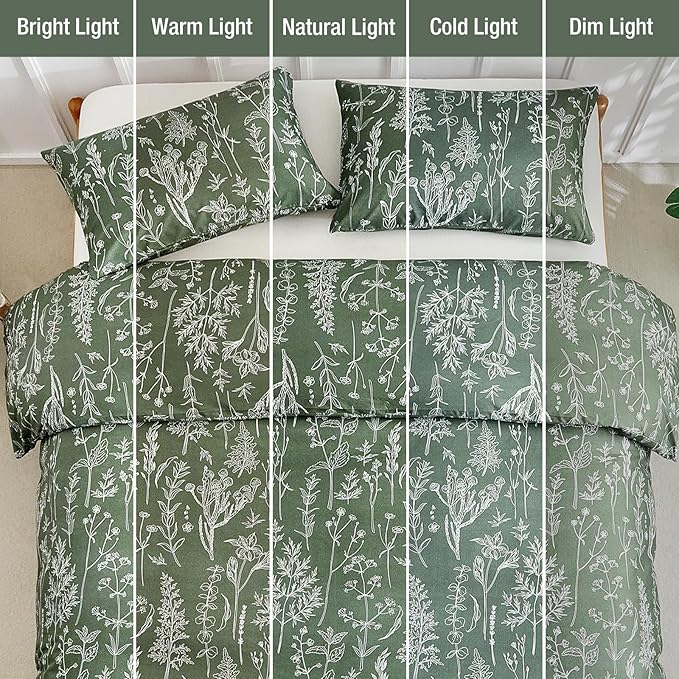 Lekesky Floral Duvet Cover Queen Size, Army Green Queen Duvet Cover with Plant Flowers Pattern,Soft Microfiber Breathable Bedding Set with Zipper & Corner Ties for All Season