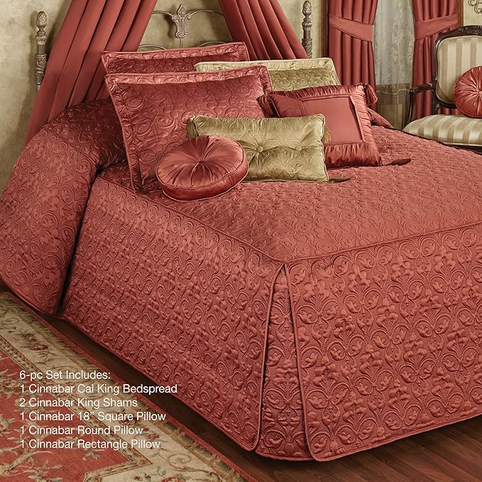 Cambridge Classic Luxury Bedding | Warm Cinnabar Solid Color Polyester Satin | Elaborate Damask Quilting | 6 Pc Set Includes Oversized California King Bedspread, 2 King Shams, & 3 Decorative Pillows